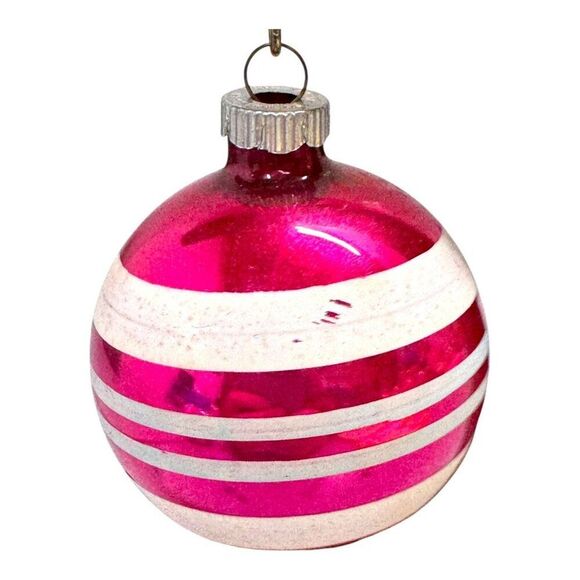 Vintage Shiny Brite Pink & White Striped Glass Christmas Ornaments Set Of 2 Lot - Picture 5 of 6
